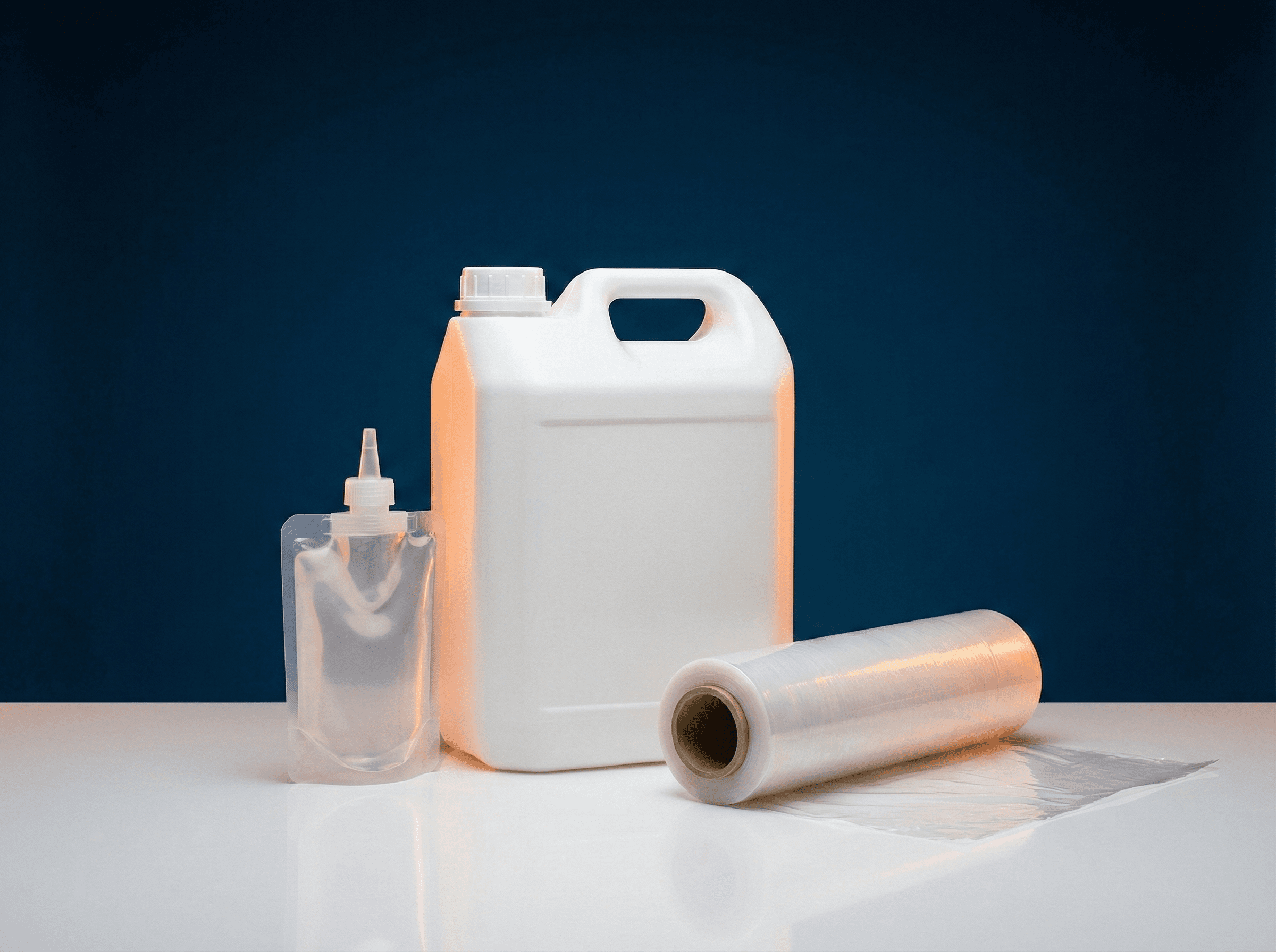 Polyethylene products: HDPE jerrycan, transparent LDPE bottle, and LLDPE stretch film roll