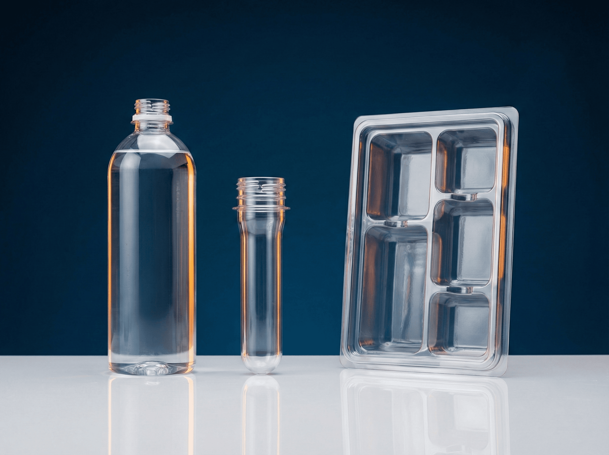 PET products: clear water bottle, PET preform, and transparent thermoformed packaging