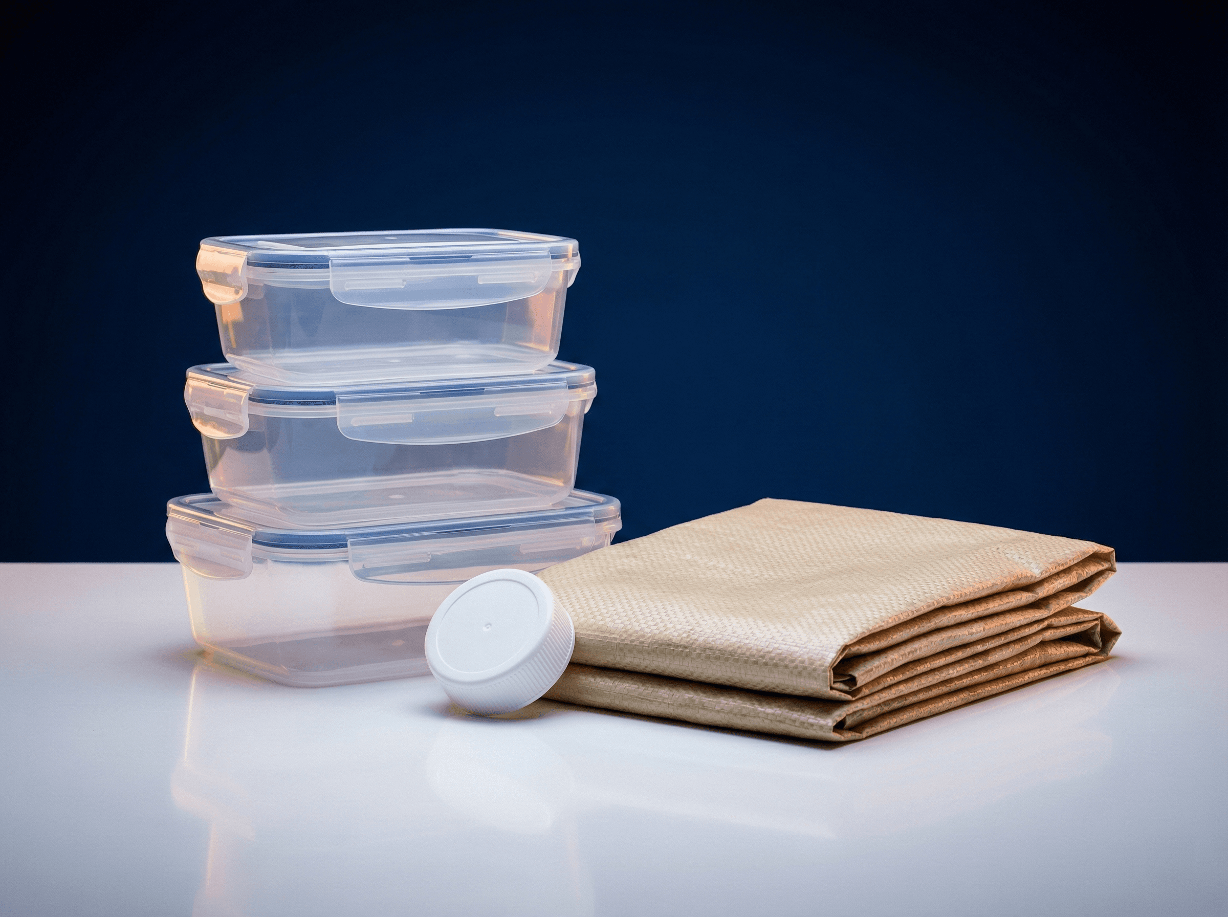 Polypropylene products: clear food containers, bottle cap, and woven industrial bag