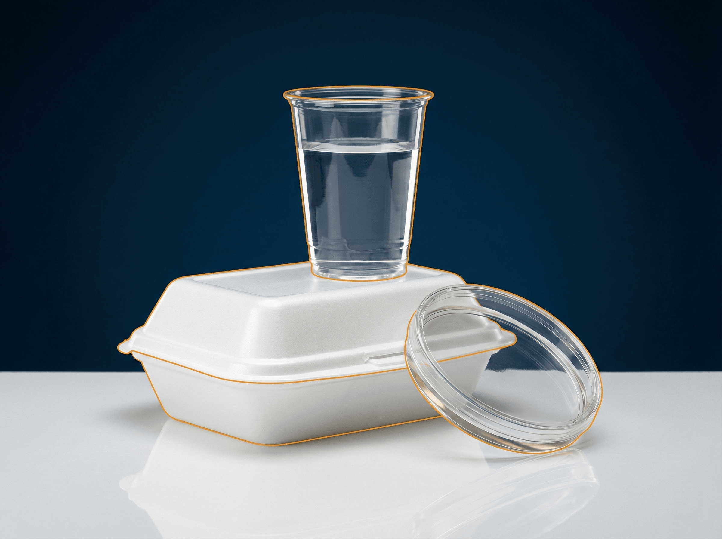 Polystyrene products: clear disposable cup, expanded EPS foam container, and rigid petri dish